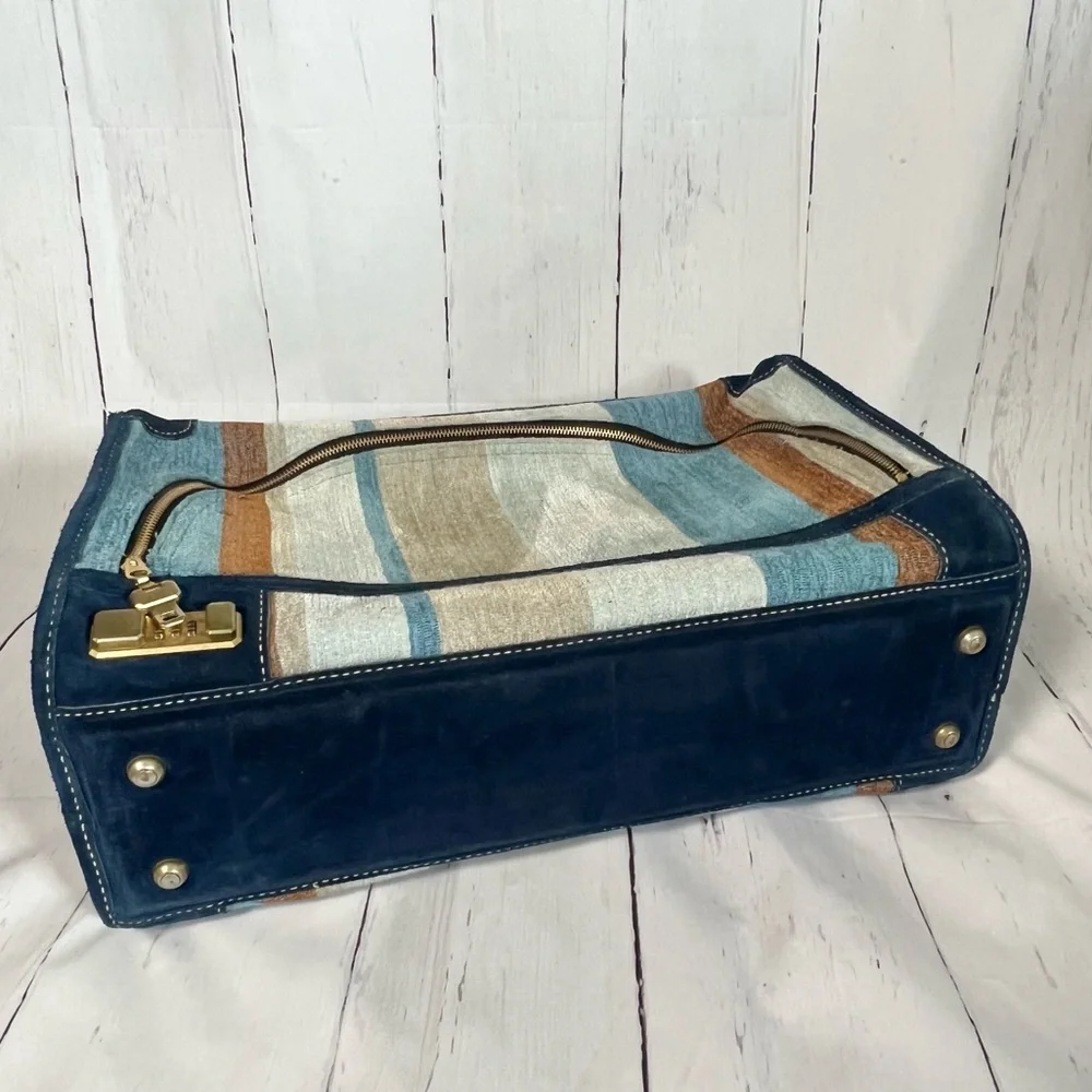Vintage French Blue suede, striped fabric luggage, travel suitcase rare